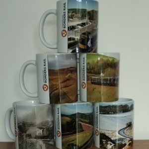 SET OF 6 WHITE MUGS. GALABANK, LEADERFOOT VIADUCT, STOW STATION, ROYAL SCOT, FALAHILL SUMMIT and SHANKEND VIADUCT